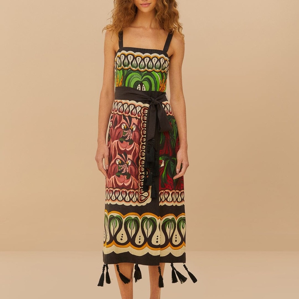 FARM Rio Green, Black and Pink Block Print Midi Dress
